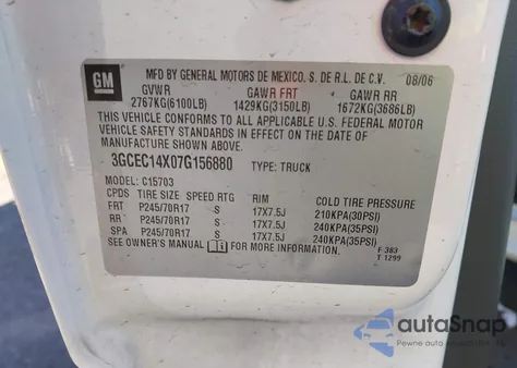 2007 Chevrolet Silverado 1500 Classic Work Truck from USA, damaged, VIN 3GCEC14X07G156880